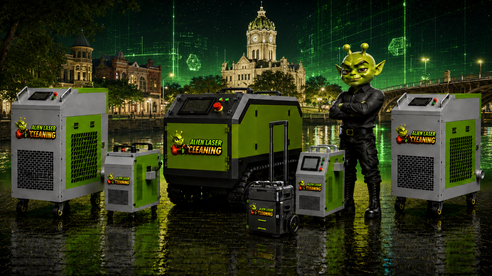 Laser cleaning machines and the Alien Laser Cleaning mascot in front of a futuristic Georgetown skyline